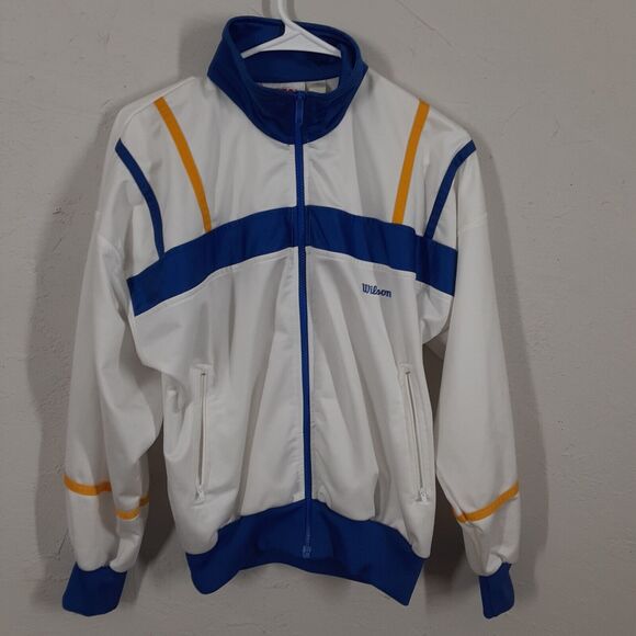 Vtg Wilson Adult Mens Small White Blue Yellow Track Jacket 90s Full Zip - Picture 1 of 9